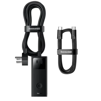 Зарядно устройство 3xAC, 2xUSB, 2x Type-C, 65W, кабел 100W - Baseus (PSLA020101) - черно
