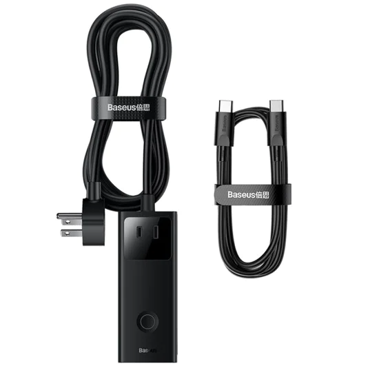 Зарядно устройство 3xAC, 2xUSB, 2x Type-C, 65W, кабел 100W - Baseus (PSLA020101) - черно