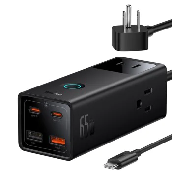 Зарядно устройство 3xAC, 2xUSB, 2x Type-C, 65W, кабел 100W - Baseus (PSLA020101) - черно