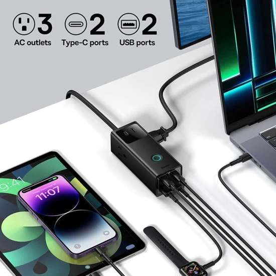 Зарядно устройство 3xAC, 2xUSB, 2x Type-C, 65W, кабел 100W - Baseus (PSLA020101) - черно