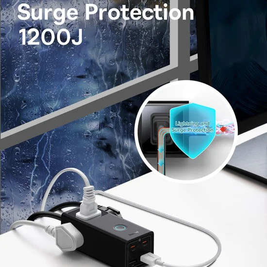 Зарядно устройство 3xAC, 2xUSB, 2x Type-C, 65W, кабел 100W - Baseus (PSLA020101) - черно