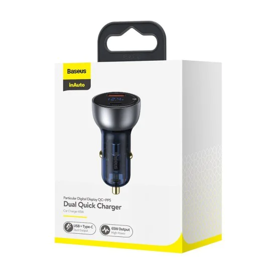Baseus - Зарядно за кола (CCKX-C0A) - Type-C PD65W, USB QC4.0 - Clear