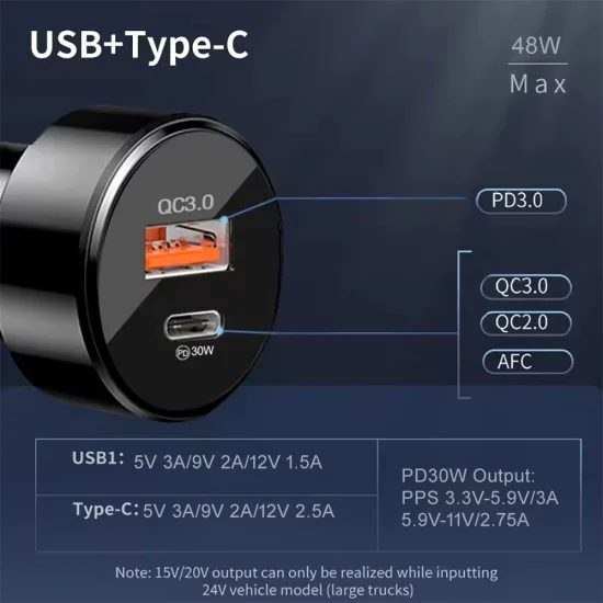 Зарядно за кола USB-A QC 3.0 QC 18W, Type-C PD30W - Premium (TE-P31) - Черно