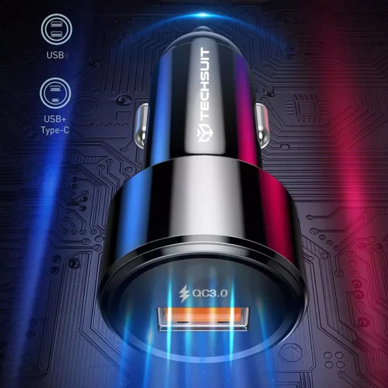 Зарядно за кола USB-A QC3.0 QC3.0 18W, Type-C PD20W, 38W - Techsuit Premium (CAPD028) - Черно
