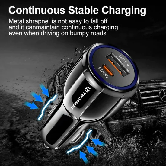 Зарядно за кола USB-A QC 5.0 QC 30W, USB-C PD30W - Premium (TE-022) - Черно