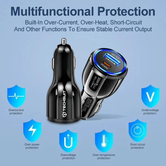 Зарядно за кола USB-A QC 5.0 QC 30W, USB-C PD30W - Premium (TE-022) - Черно