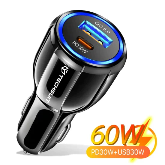 Зарядно за кола USB-A QC 5.0 QC 30W, USB-C PD30W - Premium (TE-022) - Черно