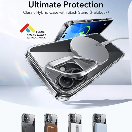 Калъф за iPhone 16 Plus - ESR Classic Hybrid HaloLock Kickstand - Clear Black