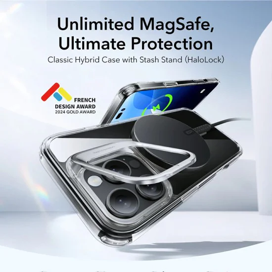 Калъф за iPhone 16 Pro - ESR Classic Hybrid HaloLock Kickstand - Clear
