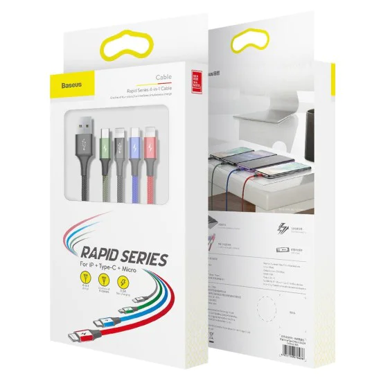 Кабел за данни USB към Lightning, 2 x Type-C, Micro-USB 3.5A, 1.2m - Baseus (CA1T4-B01) - Черен