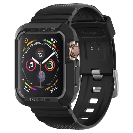 Протектор за Apple Watch 4/5/6/6/7/8/9/SE/SE 2 (44/45 мм) + каишка - Spigen - Rugged Armor Pro - черен