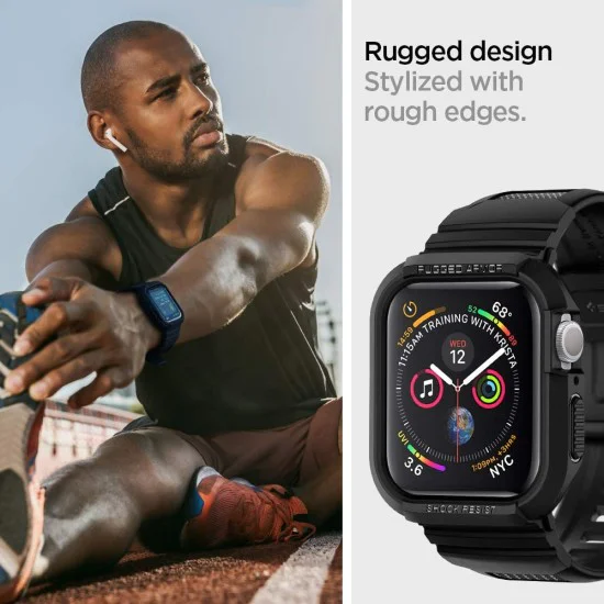 Протектор за Apple Watch 4/5/6/6/7/8/9/SE/SE 2 (44/45 мм) + каишка - Spigen - Rugged Armor Pro - черен