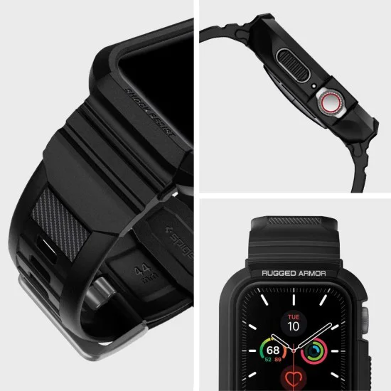 Протектор за Apple Watch 4/5/6/6/7/8/9/SE/SE 2 (44/45 мм) + каишка - Spigen - Rugged Armor Pro - черен