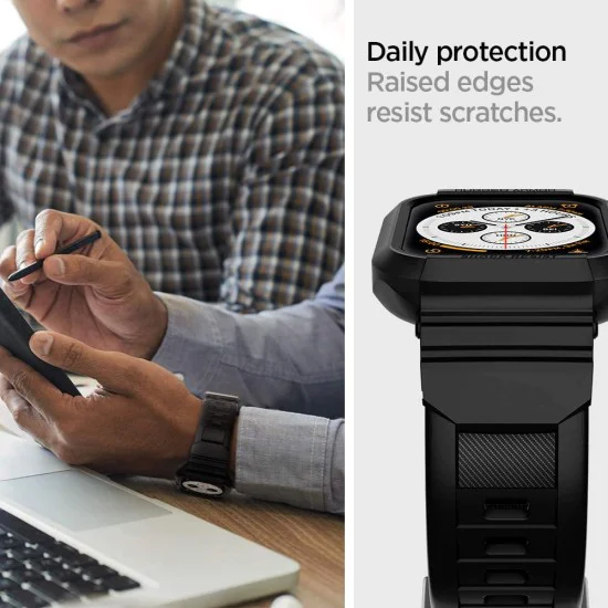 Протектор за Apple Watch 4/5/6/6/7/8/9/SE/SE 2 (44/45 мм) + каишка - Spigen - Rugged Armor Pro - черен