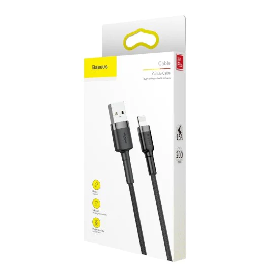 Baseus - Кабел за данни Cafule (CALKLF-CG1) - USB към Lightning, 1.5A, 2m - Сиво Черен