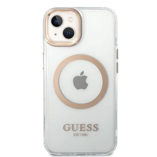 Калъф за iPhone 15 Plus - Guess Metal Outline MagSafe (GUHMP15MHTRMD) - златен