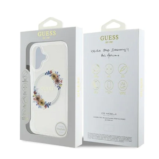 Калъф за iPhone 16 Plus - Guess IML Flowers Wreath MagSafe (GUHMP16MHFHFWWFFCT) - Прозрачен