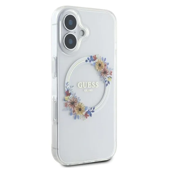 Калъф за iPhone 16 Plus - Guess IML Flowers Wreath MagSafe (GUHMP16MHFHFWWFFCT) - Прозрачен