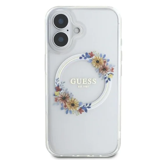 Калъф за iPhone 16 Plus - Guess IML Flowers Wreath MagSafe (GUHMP16MHFHFWWFFCT) - Прозрачен