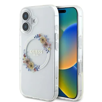 Калъф за iPhone 16 Plus - Guess IML Flowers Wreath MagSafe (GUHMP16MHFHFWWFFCT) - Прозрачен
