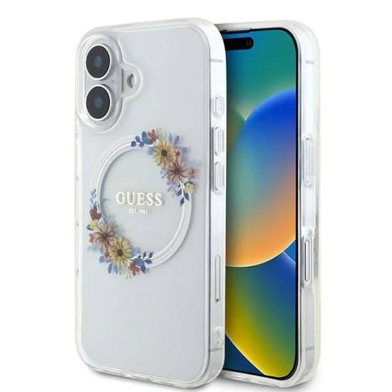 Калъф за iPhone 16 Plus - Guess IML Flowers Wreath MagSafe (GUHMP16MHFHFWWFFCT) - Прозрачен