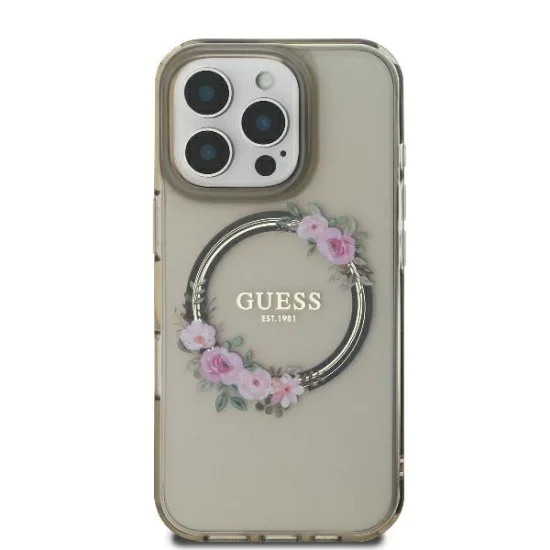 Калъф за iPhone 16 Pro - Guess IML Flowers Wreath MagSafe (GUHMP16LHFHFWWFCK) - Черен