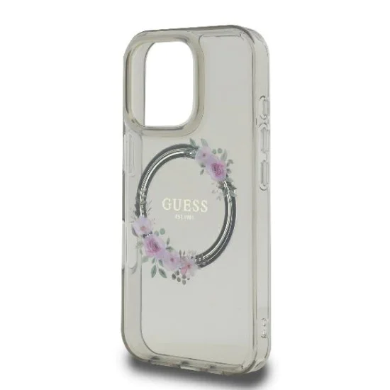 Калъф за iPhone 16 Pro - Guess IML Flowers Wreath MagSafe (GUHMP16LHFHFWWFCK) - Черен