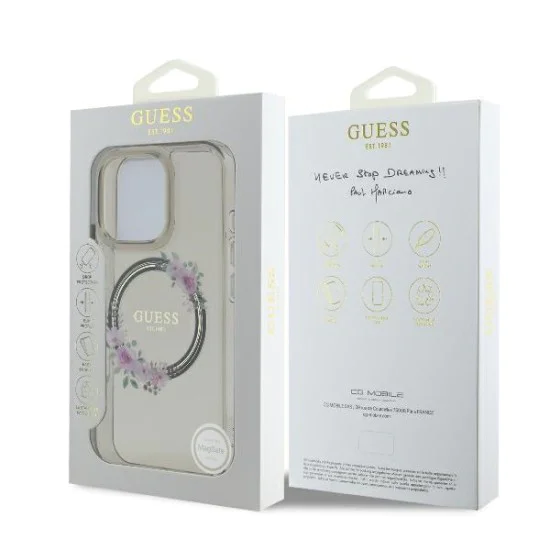 Калъф за iPhone 16 Pro - Guess IML Flowers Wreath MagSafe (GUHMP16LHFHFWWFCK) - Черен