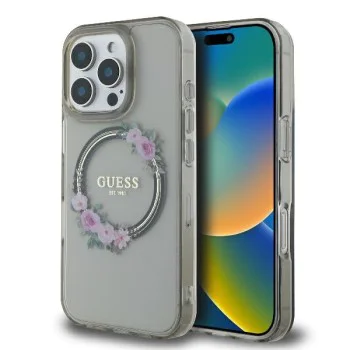 Калъф за iPhone 16 Pro - Guess IML Flowers Wreath MagSafe (GUHMP16LHFHFWWFCK) - Черен