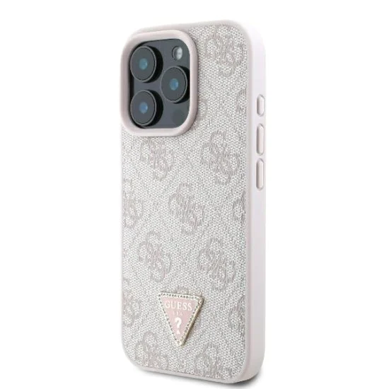 Калъф за iPhone 16 Pro Max - Guess - Кожен 4G Triangle Triangle Strass (GUHCP16XP4TDPP) - Розов