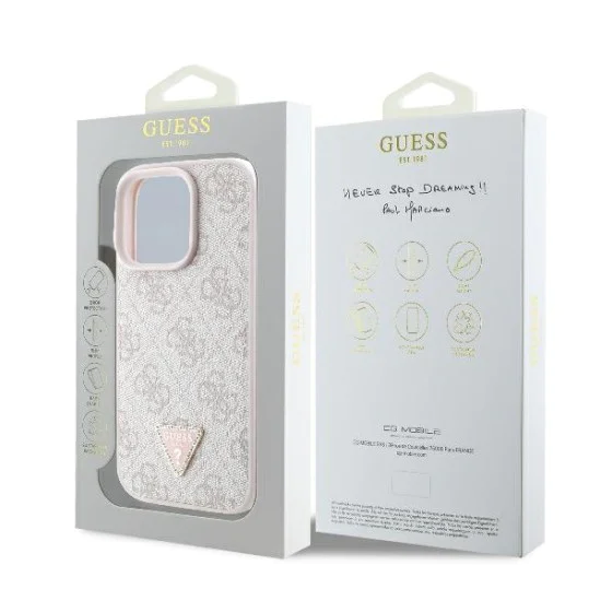 Калъф за iPhone 16 Pro Max - Guess - Кожен 4G Triangle Triangle Strass (GUHCP16XP4TDPP) - Розов
