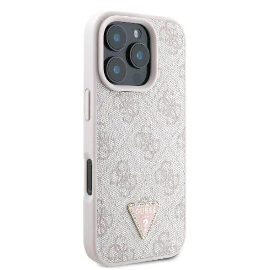 Калъф за iPhone 16 Pro Max - Guess - Кожен 4G Triangle Triangle Strass (GUHCP16XP4TDPP) - Розов