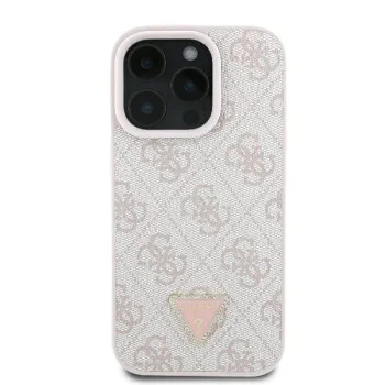 Калъф за iPhone 16 Pro Max - Guess - Кожен 4G Triangle Triangle Strass (GUHCP16XP4TDPP) - Розов
