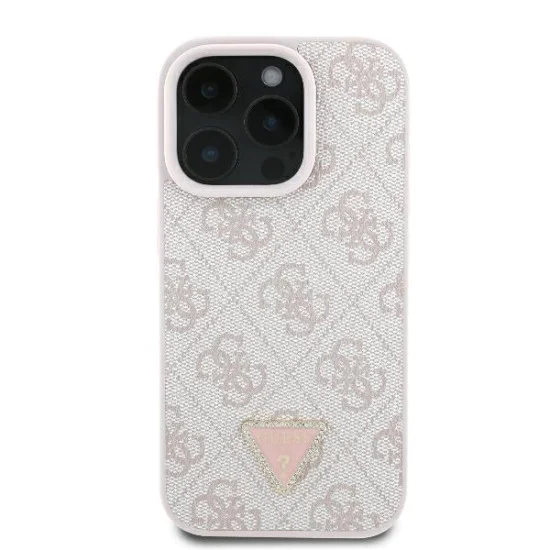 Калъф за iPhone 16 Pro Max - Guess - Кожен 4G Triangle Triangle Strass (GUHCP16XP4TDPP) - Розов