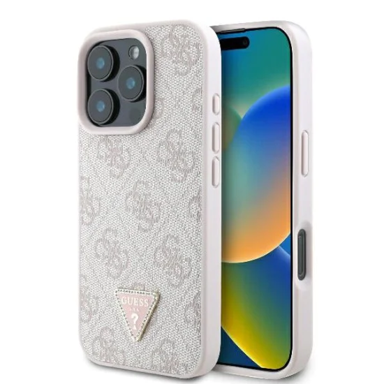 Калъф за iPhone 16 Pro Max - Guess - Кожен 4G Triangle Triangle Strass (GUHCP16XP4TDPP) - Розов