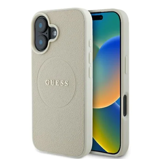 Калъф за iPhone 16 - Guess Grained Gold Ring MagSafe (GUHMP16SPGHSMME) - Бежов