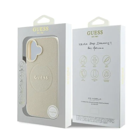 Калъф за iPhone 16 - Guess Grained Gold Ring MagSafe (GUHMP16SPGHSMME) - Бежов