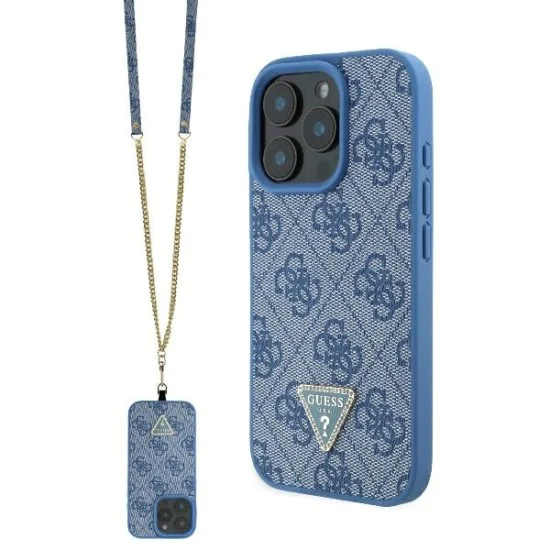 Калъф за iPhone 16 Pro Max - Guess Leather Metal Metal Logo Strass Rhinestone Crossbody (GUHCP16XP4TDSCPB) - Син