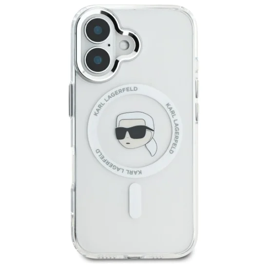Калъф за iPhone 16 - Karl Lagerfeld IML MagSafe (KLHMP16SHLSKIH) - White Metal Karl`s Head