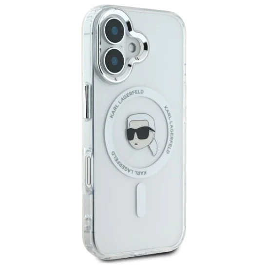 Калъф за iPhone 16 - Karl Lagerfeld IML MagSafe (KLHMP16SHLSKIH) - White Metal Karl`s Head