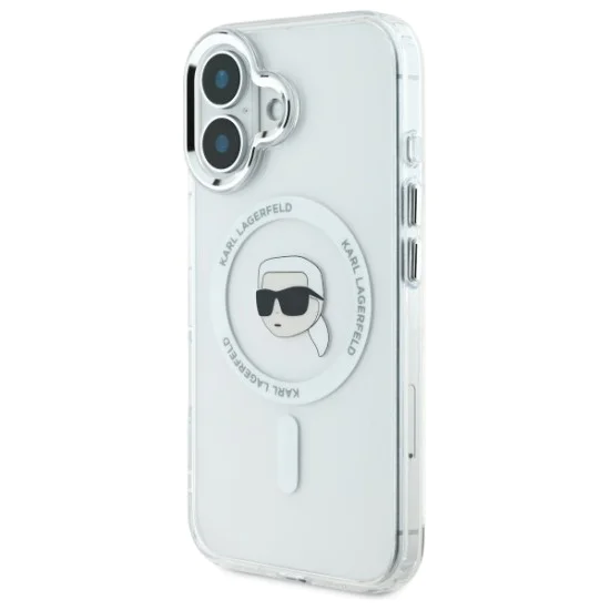 Калъф за iPhone 16 - Karl Lagerfeld IML MagSafe (KLHMP16SHLSKIH) - White Metal Karl`s Head