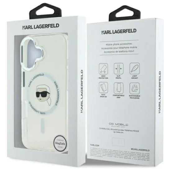 Калъф за iPhone 16 - Karl Lagerfeld IML MagSafe (KLHMP16SHLSKIH) - White Metal Karl`s Head