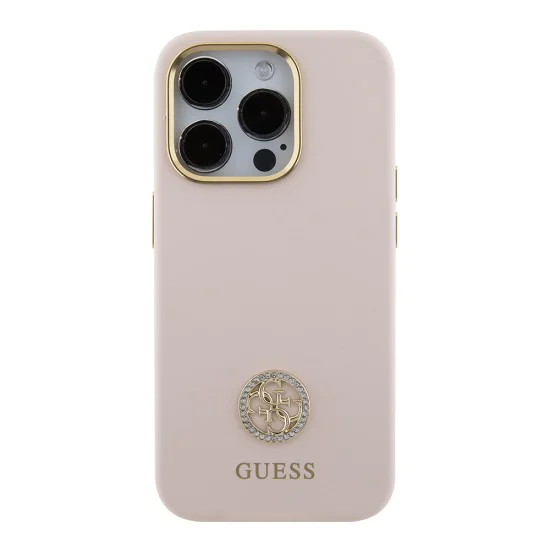 Калъф за iPhone 15 Pro - Guess Silicone Logo Strass 4G (GUHCP15LM4DGPP) - светло розов