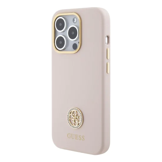 Калъф за iPhone 15 Pro - Guess Silicone Logo Strass 4G (GUHCP15LM4DGPP) - светло розов