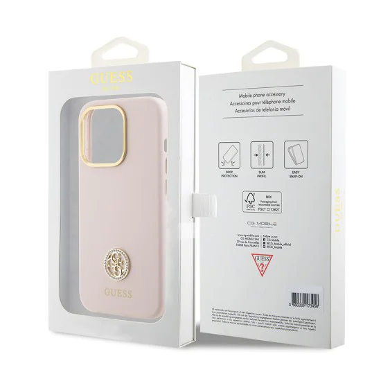 Калъф за iPhone 15 Pro - Guess Silicone Logo Strass 4G (GUHCP15LM4DGPP) - светло розов