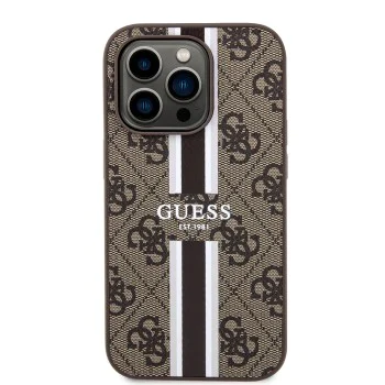Калъф за iPhone 15 Pro - Guess Hardcase 4G Printed Stripes MagSafe (GUHMP15LP4RPSW) - кафяв