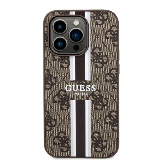 Калъф за iPhone 15 Pro - Guess Hardcase 4G Printed Stripes MagSafe (GUHMP15LP4RPSW) - кафяв
