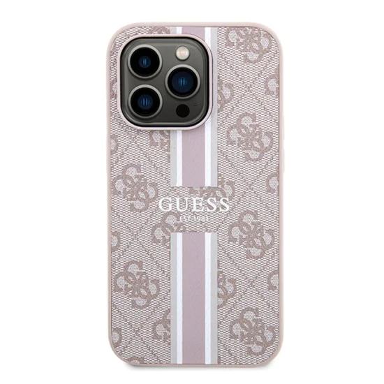 Калъф за iPhone 15 Pro - Guess Hardcase 4G Printed Stripes MagSafe (GUHMP15LP4RPSP) - Розов