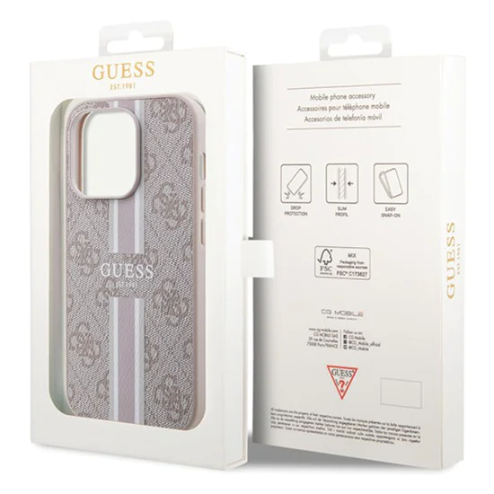 Калъф за iPhone 15 Pro - Guess Hardcase 4G Printed Stripes MagSafe (GUHMP15LP4RPSP) - Розов
