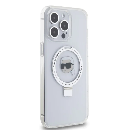 Калъф за iPhone 15 Pro Max - Karl Lagerfeld Hardcase Ring Stand MagSafe (KLHMP15XHHMRSKHH) - White Karl Head